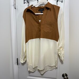 August Silk Women’s L Blouse Faux Suede Brown Cream Western Neutral‎ Career EUC